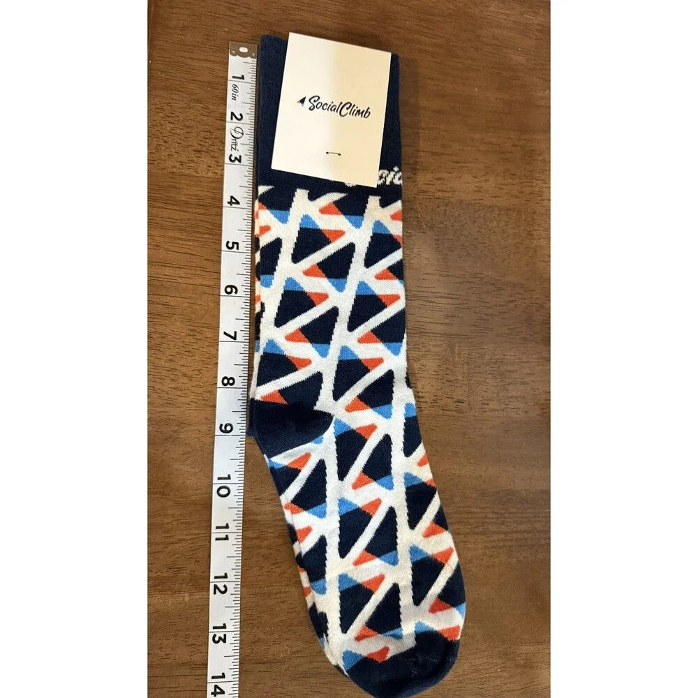 Social Climb Crew Socks Made in USA Blue White Orange Geometric Pattern NWT
